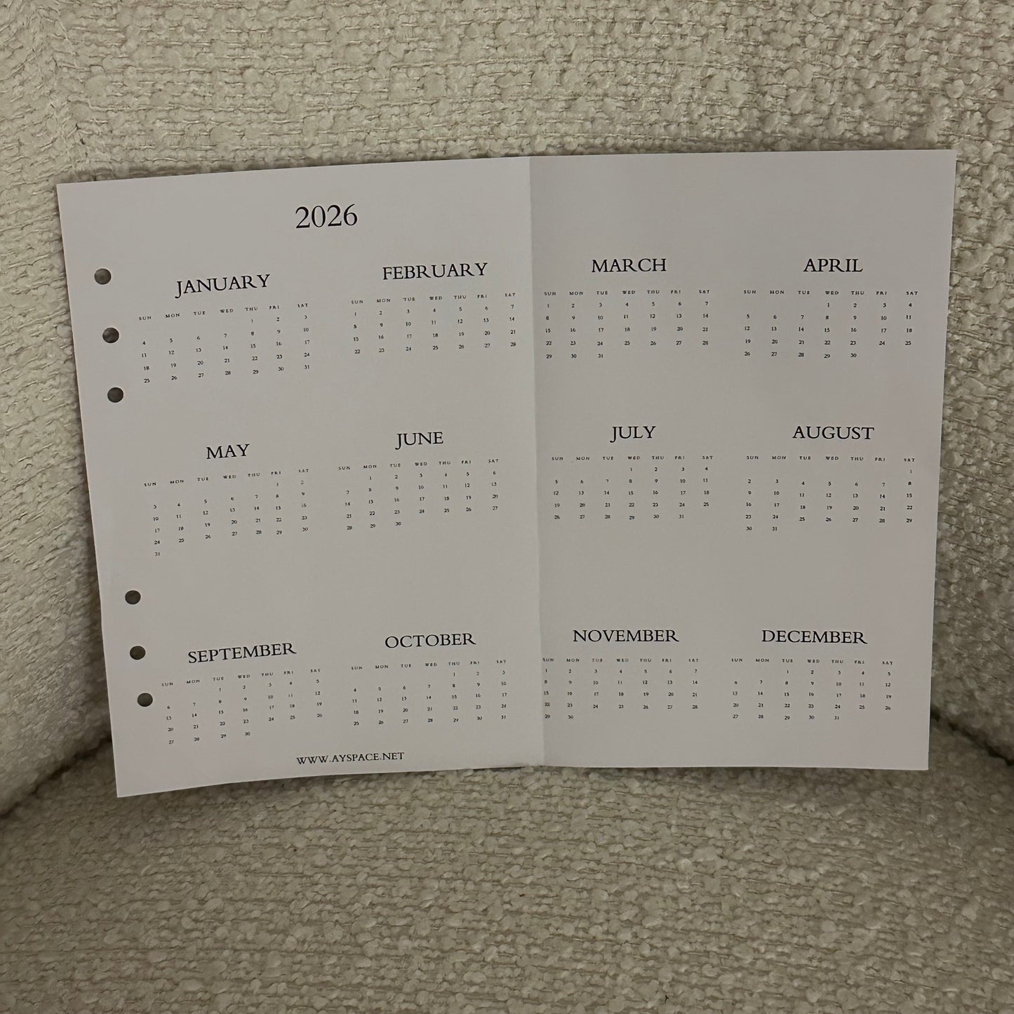 A4 calendar 2026 folded as A5
